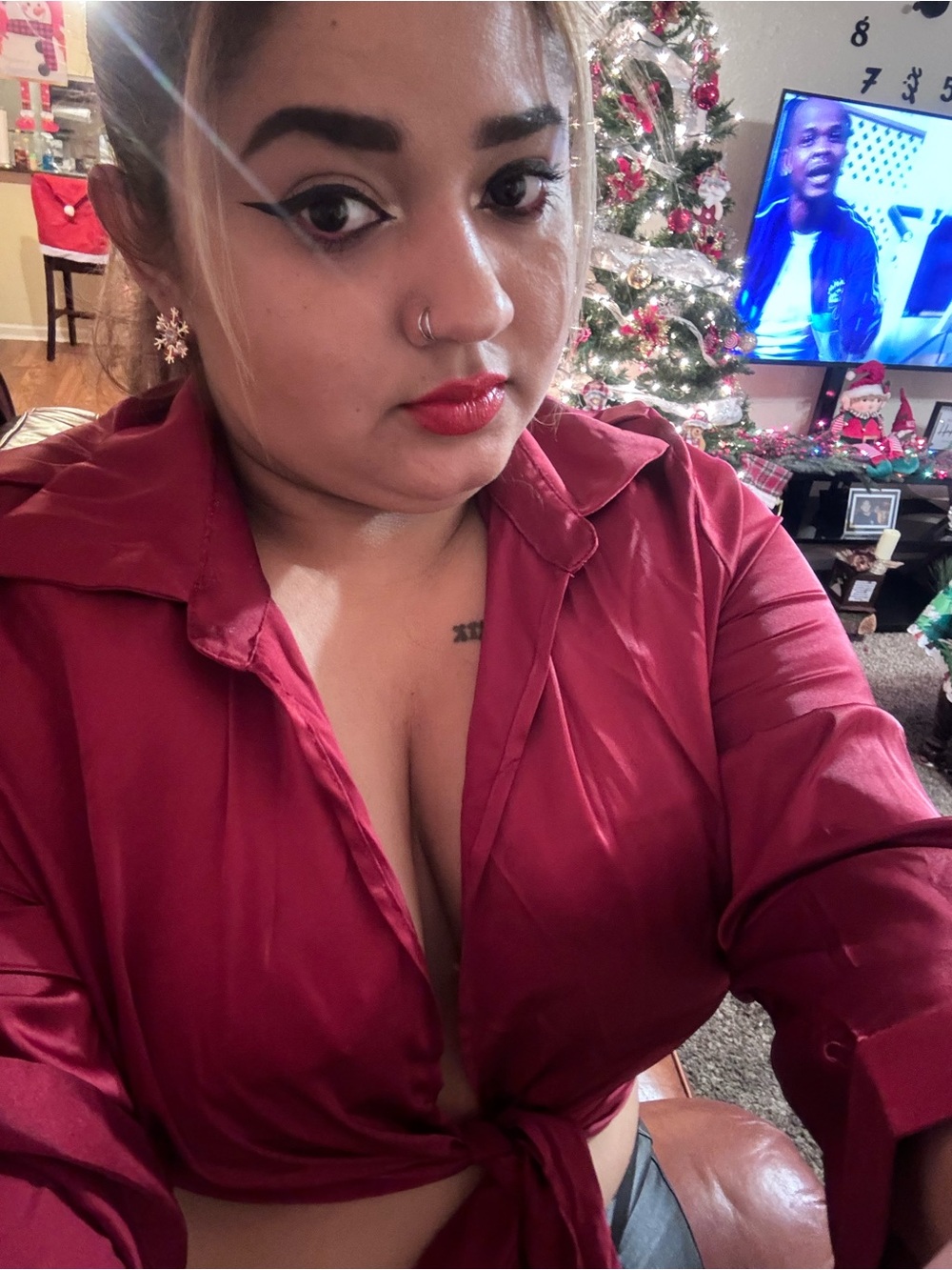 SHEIN Burgundy Tie-Front Button Down Shirt
